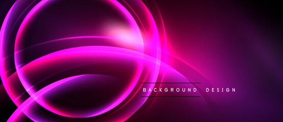 Vibrant neon lines form abstract circular shapes. Dark background emphasizes glowing purple hues, modern design element.