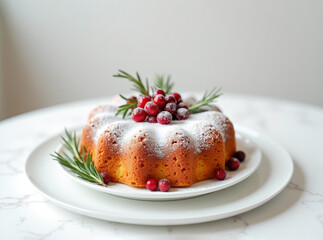 Premium minimalist Christmas cake. Elegant holiday dessert with cranberries and rosemary on white plate. Winter season.