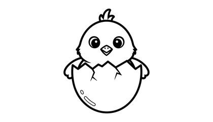 Cute baby chick emerging from egg in simple black and white cartoon style