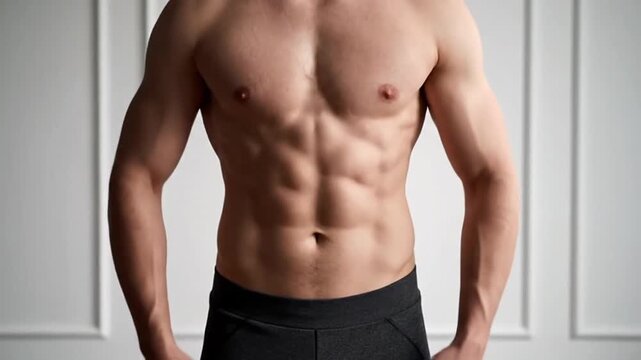Torso of Athletic Caucasian Man Displaying Muscular Abdomen Against White Panelled Wall Wearing Black Shorts in Bright Studio Lighting, Bodybuilding