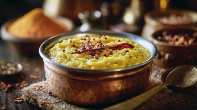 Indian Yellow Dal Tadka or Dal Fry in a Traditional Copper Bowl: Close-up of Spiced Lentil Curry Garnished with Red Chili and Seeds, Highlighting Homemade Asian Vegetarian Cuisine and Exotic Flavors