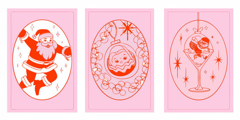 Whimsical christmas card set with santa ornament and cocktail glass