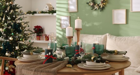 Festive table setting with Christmas decor indoors, closeup