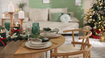 Festive table setting with Christmas decor indoors, closeup