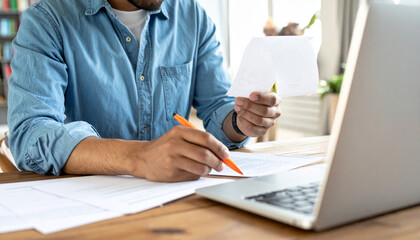 Tax season finance business money accounting budget economy financial planning document review at desk with laptop and pen emotional focus