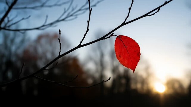 A single red leaf clinging to a bare branch at sunset.