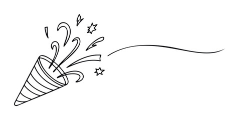 Black outline of a party popper exploding with confetti and streamers, perfect for celebration or festive announcements and invitations.