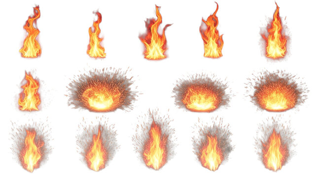 Collection of animated fire sprites perfect for game development animation projects and visual effects with vibrant orange and yellow flames on black on transparent background