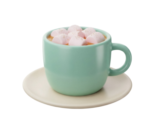Pastel green mug with marshmallows PNG isolated on transparent background, cozy hot chocolate drink for winter holidays and festive season