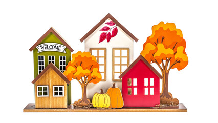 Naklejka premium decorative wooden house with pumpkins. Autumn concept