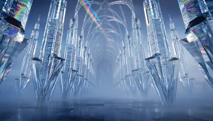 Futuristic crystal ice cathedral corridor with glass arches and rainbow light refractions creating a surreal, ethereal atmosphere and perfect symmetry.