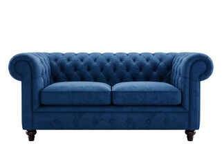 Elegant blue velvet Chesterfield sofa isolated PNG, luxurious tufted couch for living room furniture and interior design on transparent background