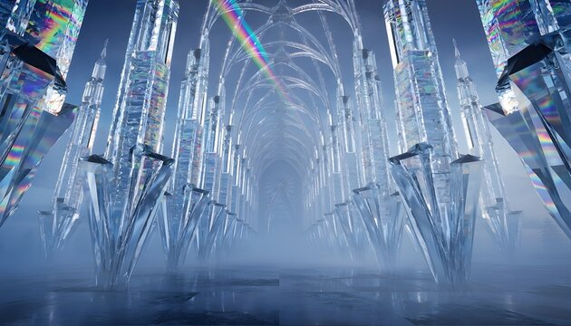 Futuristic crystal ice cathedral corridor with glass arches and rainbow light refractions creating a surreal, ethereal atmosphere and perfect symmetry.