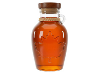 Maple syrup in glass jar with maple leaf design isolated PNG, sweet breakfast topping on...