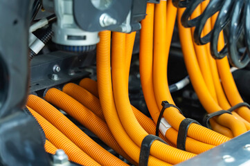 ev wire installed on electric system of eco car or  truck engine, Automotive part concept.