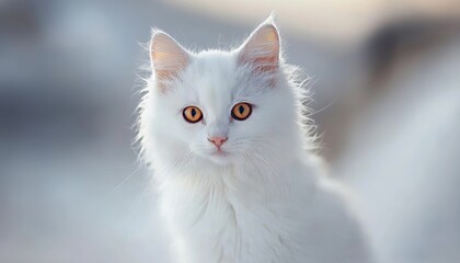 Elegant Turkish Angora Cat with Pure White Fur and Green Eyes Posed on Soft Gray Background