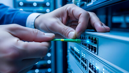 Man working on server rack. IT technician plugging an ethernet cable into a network switch in server room for data center maintenance.