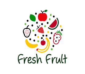 Healthy Organic eco vegetarian food Logo, Vector logo design template with fruit and vegetable icons, fruit apple pear banana logo, emblem for organic shop