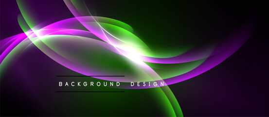 Abstract flowing lines, vibrant purple, green hues. Dynamic curves create modern background design. Bright light accentuates movement.
