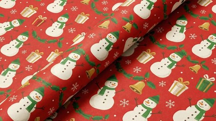 red christmas background with snowmans and snowflakes and gifts,seamless pattern of nowmans and garland and bell on red background, Christmas wrapping paper