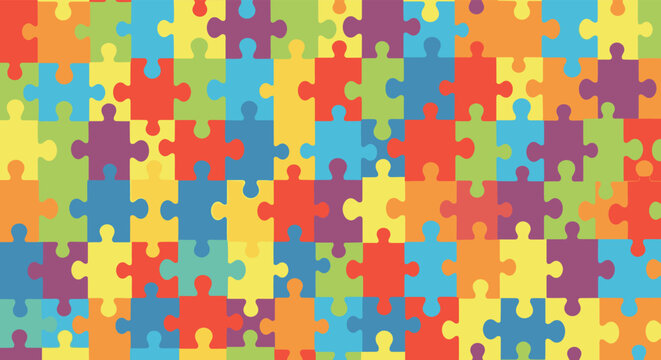 A vibrant and colorful abstract pattern composed of interlocking puzzle pieces with diverse hues of red blue yellow and purple.