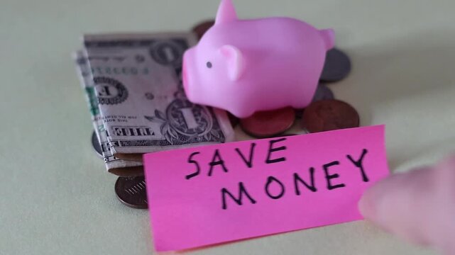 Un primer plano de un cerdo de color rosado con una nota con la palabra ahorra dinero y rodeado de dinero en un fondo de color amarillo claro