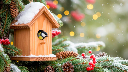 A cute tit peeks out of a cozy wooden birdhouse among fir branches, cones and red berries. Caring for birds in winter during the cold season