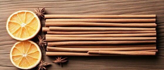 Dried orange slices and cinnamon sticks arranged on rustic wood surface with star anise spice for seasoning.