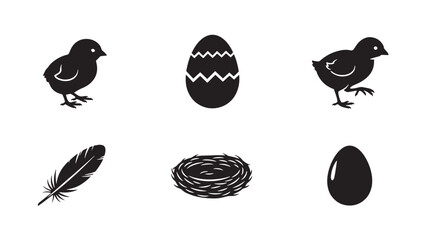 Set of six black easter themed silhouettes including two chicks an egg a feather a nest and an easter egg isolated on white background silhouette