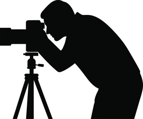 Minimalist vector silhouette of a photographer capturing an image with a camera on a tripod, a high-contrast black graphic on a pure white background, ideal for icons or creative designs
