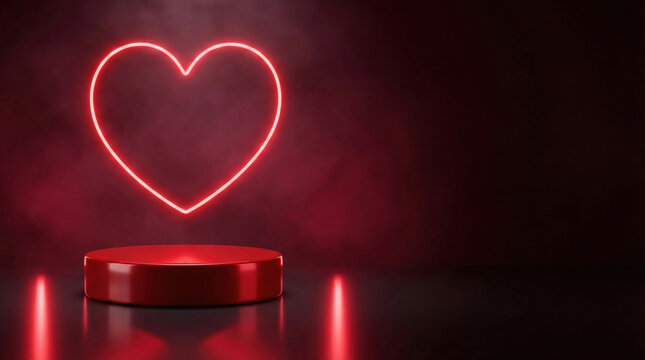 Red Neon Heart Shape Glowing Above a Glossy Podium on a Dark Background.
