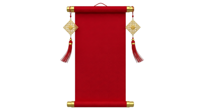 Red Scroll with Gold Trim and Tassels Hanging Vertically on a Black Background graphic design isolated on a transparent background