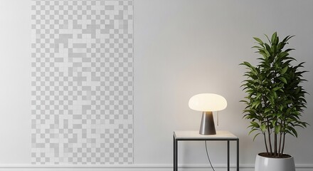 A close-up of a bright, minimalist interior wall with a vertical, abstract grid design mock-up on the left, next to a modern mushroom-shaped table lamp on a small marble-top side table, and a tall pot