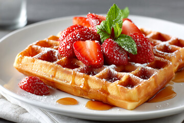 Delicious waffles topped with fresh strawberries and mint at a cozy breakfast table Generative AI