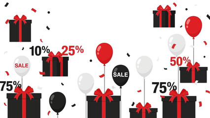 Celebrate huge savings with this festive sales promotion featuring gifts, balloons, and percentages off, perfect for your retail marketing campaign now!