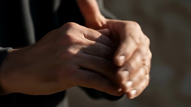 Close-up of a mans hands rubbing together, showing warmth and comfort.