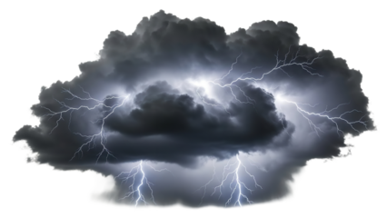 Dramatic thunderstorm with lightning strikes illuminating dark clouds against a showcasing nature's raw power and atmospheric conditions on transparent background