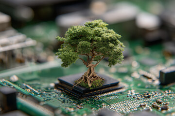 Tree growing on the converging point of computer circuit board. Green computing, Green technology, Green IT, CSR, and IT ethics. Concept of green technology. Environment green technology