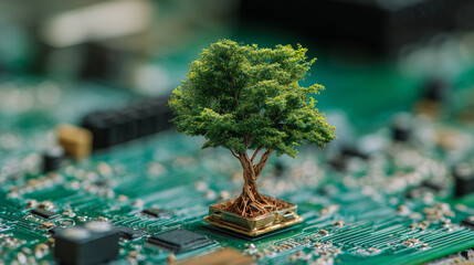 Tree growing on the converging point of computer circuit board. Green computing, Green technology, Green IT, CSR, and IT ethics. Concept of green technology. Environment green technology