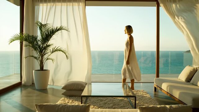 Woman straightens linen by ocean window. Interior livingroom with flowing curtain. Balcony and sea visible through glass. Resort luxury calm morning light. Woman gazes toward horizon. Feels serene.