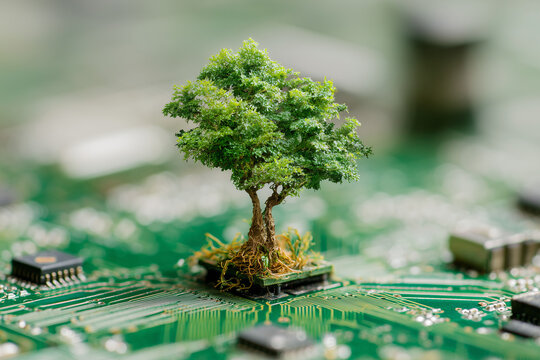 Tree growing on the converging point of computer circuit board. Green computing, Green technology, Green IT, CSR, and IT ethics. Concept of green technology. Environment green technology - Powered by Adobe