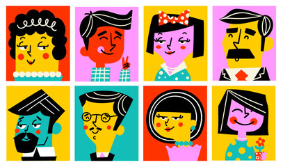 A trendy set of retro vector avatars featuring diverse, stylized human portraits. These bold, pop art inspired characters are perfect for social media profiles, modern branding, and digital apps