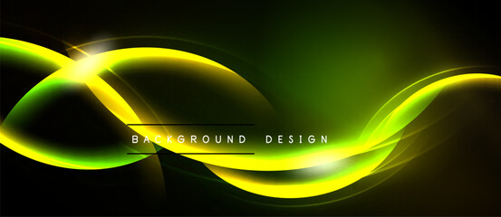 Bright neon curves illuminate dark backdrop. Smooth lines create dynamic abstract design. Vibrant yellow glows against deep green.