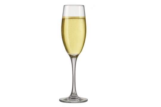 Champagne flute filled with sparkling wine on transparent background