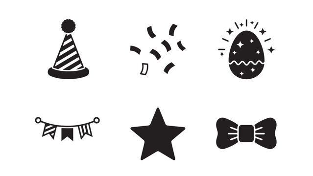 Collection of birthday party celebration icons including a party hat confetti egg garland star and bow tie silhouette isolated on white background