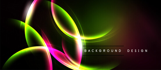 Abstract neon lines create vibrant curves. Dark background emphasizes glowing colors, modern design element.