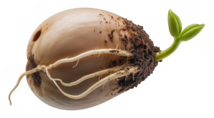 Jackfruit seed with emerging roots and sprout isolated on a transparent background seedling