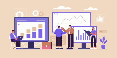 Team analyzing business growth and financial data on computer screens together
