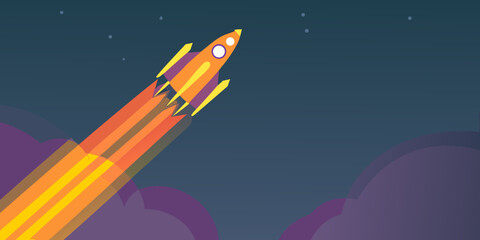 Cartoon rocket launching into space with clouds and stars