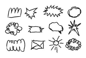 A whimsical and trendy set of naive, hand-drawn vector doodle shapes perfect for playful speech bubbles, bursts, and design elements.